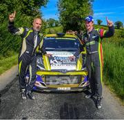 28 May 2023; Josh Moffett and Keith Moriarty with their Hyundai i20 R5 celebrates after winning the Kilmore Hotel Stages Rally round 3 of the Triton Showers National Rally Championship in Cootehill, Co Cavan. Photo by Philip Fitzpatrick/Sportsfile