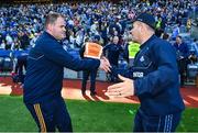28 May 2023; Roscommon manager Davy Burke, left, and Dublin manager Dessie Farrell shake hands after the GAA Football All-Ireland Senior Championship Round 1 match between Dublin and Roscommon at Croke Park in Dublin. Photo by Ramsey Cardy/Sportsfile