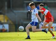28 May 2023; Tommy Mallen of Monaghan shoots to score his side's first goal during the Electric Ireland Ulster Minor GAA Football Championship Final match between Derry and Monaghan at Box-It Athletic Grounds in Armagh. Photo by Stephen Marken/Sportsfile