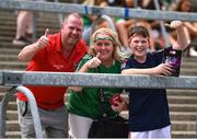 28 May 2023; Cork supporter Kieran Higgins, left, with his wife Veronica Fitzgerald Higgins, and their son Cian, aged 13, from Togher, Co Cork, ahead of the Munster GAA Hurling Senior Championship Round 5 match between Limerick and Cork at TUS Gaelic Grounds in Limerick. Photo by Daire Brennan/Sportsfile