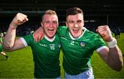 28 May 2023; Peter Casey and Michael Casey of Limerick celebrate after the Munster GAA Hurling Senior Championship Round 5 match between Limerick and Cork at TUS Gaelic Grounds in Limerick. Photo by Ray McManus/Sportsfile