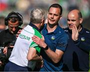 28 May 2023; Limerick manager John Keily celebrates with Paul Kinnerk and Mike O'Riordan, right, at the final whistle of the Munster GAA Hurling Senior Championship Round 5 match between Limerick and Cork at TUS Gaelic Grounds in Limerick. Photo by Ray McManus/Sportsfile