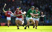 28 May 2023; William O'Donoghue of Limerick in action against Ciaran Joyce of Cork during the Munster GAA Hurling Senior Championship Round 5 match between Limerick and Cork at TUS Gaelic Grounds in Limerick. Photo by Daire Brennan/Sportsfile