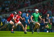 28 May 2023; Aaron Gillane of Limerick races clear of Ciaran Joyce and Ger Mellerick of Cork during the Munster GAA Hurling Senior Championship Round 5 match between Limerick and Cork at TUS Gaelic Grounds in Limerick. Photo by Ray McManus/Sportsfile