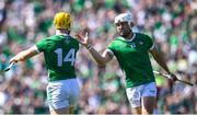 28 May 2023; Seamus Flanagan of Limerick, left, celebrates with teamate Aaron Gillane after scoring his side's first goal during the Munster GAA Hurling Senior Championship Round 5 match between Limerick and Cork at TUS Gaelic Grounds in Limerick. Photo by John Sheridan/Sportsfile