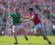 28 May 2023; Robert Downey of Cork in action against William O'Donoghue of Limerick during the Munster GAA Hurling Senior Championship Round 5 match between Limerick and Cork at TUS Gaelic Grounds in Limerick. Photo by John Sheridan/Sportsfile