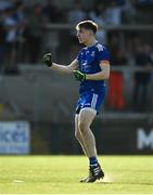 28 May 2023; Monaghan goalkeeper Jamie Mooney celebrates after Sean Og McElwain scored his side's second goal during the Electric Ireland Ulster Minor GAA Football Championship Final match between Derry and Monaghan at Box-It Athletic Grounds in Armagh. Photo by Stephen Marken/Sportsfile