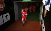 28 May 2023; Fionn McEldowney of Derry leads out his team for extra time during the Electric Ireland Ulster Minor GAA Football Championship Final match between Derry and Monaghan at Box-It Athletic Grounds in Armagh. Photo by Stephen Marken/Sportsfile