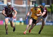 28 May 2023; Conal Cunning of Antrim in action against Conor Shaw of Westmeath, left, and Tommy Doyle during the Leinster GAA Hurling Senior Championship Round 5 match between Westmeath and Antrim at TEG Cusack Park in Mullingar, Westmeath. Photo by Tyler Miller/Sportsfile