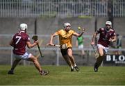 28 May 2023; Sean Elliott of Antrim in action against Robbie Greville of Westmeath, left, and Conor Shaw during the Leinster GAA Hurling Senior Championship Round 5 match between Westmeath and Antrim at TEG Cusack Park in Mullingar, Westmeath. Photo by Tyler Miller/Sportsfile