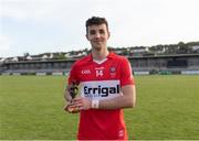 28 May 2023; Conall Higgns of Derry with the Electric Ireland Player of the Match award following his performance in the Electric Ireland Ulster GAA Football Minor Championship Final match between Derry and Monaghan at Box-It Athletic Grounds in Armagh. Photo by Stephen Marken/Sportsfile