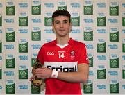 28 May 2023; Conall Higgns of Derry with the Electric Ireland Player of the Match award following his performance in the Electric Ireland Ulster GAA Football Minor Championship Final match between Derry and Monaghan at Box-It Athletic Grounds in Armagh. Photo by Stephen Marken/Sportsfile