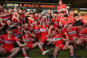 28 May 2023; The Derry squad celebrates after the Electric Ireland Ulster Minor GAA Football Championship Final match between Derry and Monaghan at Box-It Athletic Grounds in Armagh. Photo by Stephen Marken/Sportsfile