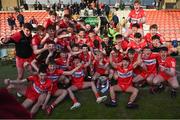 28 May 2023; The Derry squad celebrates after the Electric Ireland Ulster Minor GAA Football Championship Final match between Derry and Monaghan at Box-It Athletic Grounds in Armagh. Photo by Stephen Marken/Sportsfile