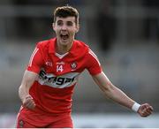 28 May 2023; Conall Higgns of Derry celebrates after kicking the winning penalty during the Electric Ireland Ulster Minor GAA Football Championship Final match between Derry and Monaghan at Box-It Athletic Grounds in Armagh. Photo by Stephen Marken/Sportsfile