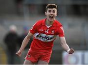 28 May 2023; Conall Higgns of Derry celebrates after kicking the winning penalty during the Electric Ireland Ulster Minor GAA Football Championship Final match between Derry and Monaghan at Box-It Athletic Grounds in Armagh. Photo by Stephen Marken/Sportsfile