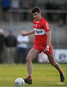 28 May 2023; Conall Higgns of Derry kicks the winning penalty during the Electric Ireland Ulster Minor GAA Football Championship Final match between Derry and Monaghan at Box-It Athletic Grounds in Armagh. Photo by Stephen Marken/Sportsfile