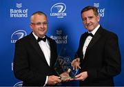 28 May 2023; Damon McCaul of Gonzaga College is presented Beauchamps School of the Year award by Edward Evans of Beauchamps at the Leinster Rugby Awards Ball, which took place at the Clayton Hotel Burlington Road in Dublin, was a celebration of the 2022/23 Leinster Rugby season. Photo by Ramsey Cardy/Sportsfile