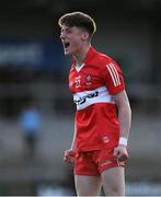 28 May 2023; Deaglán McNamee of Derry celebrates after scoring a penalty during the shootout in the Electric Ireland Ulster Minor GAA Football Championship Final match between Derry and Monaghan at Box-It Athletic Grounds in Armagh. Photo by Stephen Marken/Sportsfile