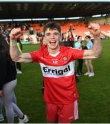 28 May 2023; Johnny McGuckian of Derry celebrates after his side's victory in the Electric Ireland Ulster Minor GAA Football Championship Final match between Derry and Monaghan at Box-It Athletic Grounds in Armagh. Photo by Stephen Marken/Sportsfile