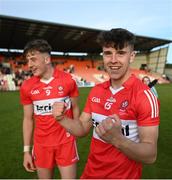 28 May 2023; Oisín Doherty of Derry celebrates after his side's victory in the Electric Ireland Ulster Minor GAA Football Championship Final match between Derry and Monaghan at Box-It Athletic Grounds in Armagh. Photo by Stephen Marken/Sportsfile