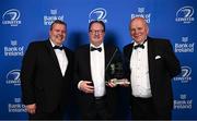 28 May 2023; Francis Quinn, centre, and Paul Nugent of Old Belvedere RFC are presented the Energia Senior Club of the Year award by Geoff Codd of Energia, left, at the Leinster Rugby Awards Ball, which took place at the Clayton Hotel Burlington Road in Dublin, was a celebration of the 2022/23 Leinster Rugby season. Photo by Ramsey Cardy/Sportsfile