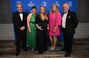 28 May 2023; Members of Old Belvedere RFC, from left, Steve O'Leary, Niamh Lynch, Leslie Ring, Cathy Murphy and Paul Nugent, with the Energia Senior Club of the Year award at the Leinster Rugby Awards Ball, which took place at the Clayton Hotel Burlington Road in Dublin, was a celebration of the 2022/23 Leinster Rugby season. Photo by Ramsey Cardy/Sportsfile