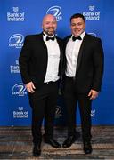 28 May 2023; Senior kitman Jim Bastick, left, and Tadhg McElroy at the Leinster Rugby Awards Ball, which took place at the Clayton Hotel Burlington Road in Dublin, was a celebration of the 2022/23 Leinster Rugby season. Photo by Ramsey Cardy/Sportsfile