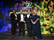 28 May 2023; Paul Nugent and Francis Quinn of Old Belvedere RFC is presented the Energia Senior Club of the Year award by Geoff Codd of Energia and Leinster Rugby president Debbie Carty. The Leinster Rugby Awards Ball, which took place at The Clayton Hotel Burlington Road in Dublin, was a celebration of the 2022/23 Leinster Rugby. Photo by Harry Murphy/Sportsfile