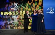 28 May 2023; Rachael O'Brien is presented the Nissan Ireland Contribution to Leinster Rugby award by Seamus Morgan of Nissan Ireland and Leinster Rugby president Debbie Carty . The Leinster Rugby Awards Ball, which took place at The Clayton Hotel Burlington Road in Dublin, was a celebration of the 2022/23 Leinster Rugby. Photo by Harry Murphy/Sportsfile