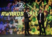 28 May 2023; Nick McCarthy speaks to MC Craig Doyle. The Leinster Rugby Awards Ball, which took place at The Clayton Hotel Burlington Road in Dublin, was a celebration of the 2022/23 Leinster Rugby season. Photo by Harry Murphy/Sportsfile