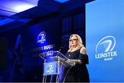 28 May 2023; Leinster Rugby president Debbie Carty speaks during the Leinster Rugby Awards Ball, which took place at The Clayton Hotel Burlington Road in Dublin, was a celebration of the 2022/23 Leinster Rugby season. Photo by Harry Murphy/Sportsfile