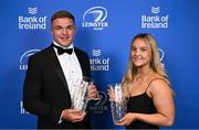 28 May 2023; Scott Penny with his Laya Healthcare Men's Young Player of the Year award, and Aoife Dalton with her BearingPoint Women's Young Player of the Year award at the Leinster Rugby Awards Ball, which took place at the Clayton Hotel Burlington Road in Dublin, was a celebration of the 2022/23 Leinster Rugby season. Photo by Ramsey Cardy/Sportsfile