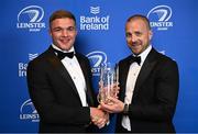 28 May 2023; Scott Penny is presented the Laya Healthcare Men's Young Player of the Year award by D.O. O'Connor of Laya Healthcare at the Leinster Rugby Awards Ball, which took place at the Clayton Hotel Burlington Road in Dublin, was a celebration of the 2022/23 Leinster Rugby season. Photo by Ramsey Cardy/Sportsfile