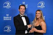 28 May 2023; Aoife Dalton is presented the BearingPoint Women's Young Player of the Year award by Eric Conway of BearingPoint at the Leinster Rugby Awards Ball, which took place at the Clayton Hotel Burlington Road in Dublin, was a celebration of the 2022/23 Leinster Rugby season. Photo by Ramsey Cardy/Sportsfile
