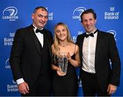 28 May 2023; Aoife Dalton is presented the BearingPoint Women's Young Player of the Year award by Eric Conway of BearingPoint, and Donal Milne, at the Leinster Rugby Awards Ball, which took place at the Clayton Hotel Burlington Road in Dublin, was a celebration of the 2022/23 Leinster Rugby season. Photo by Ramsey Cardy/Sportsfile
