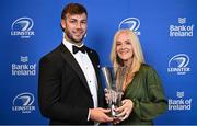 28 May 2023; Caelan Doris is presented the Bank of Ireland Men's Player of the Year award by Laura Lynch of Bank of Ireland at the Leinster Rugby Awards Ball, which took place at the Clayton Hotel Burlington Road in Dublin, was a celebration of the 2022/23 Leinster Rugby season. Photo by Ramsey Cardy/Sportsfile