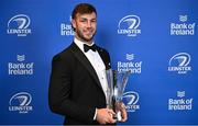 28 May 2023; Caelan Doris with his Bank of Ireland Men's Player of the Year award at the Leinster Rugby Awards Ball, which took place at the Clayton Hotel Burlington Road in Dublin, was a celebration of the 2022/23 Leinster Rugby season. Photo by Ramsey Cardy/Sportsfile