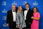 28 May 2023; James Tracy, with his wife Ashley, and parents Sile and Jim, at the Leinster Rugby Awards Ball, which took place at the Clayton Hotel Burlington Road in Dublin, was a celebration of the 2022/23 Leinster Rugby season. Photo by Ramsey Cardy/Sportsfile