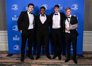 28 May 2023; On arrival at the Leinster Rugby Awards Ball is from left, James Culhane, Temi Lasisi, Charlie Tector and Ben Murphy. The Leinster Rugby Awards Ball, which took place at the Clayton Hotel Burlington Road in Dublin, was a celebration of the 2022/23 Leinster Rugby. Photo by Harry Murphy/Sportsfile
