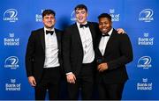 28 May 2023; Max O'Reilly, Diarmuid Mangan and Temi Lasisi at the Leinster Rugby Awards Ball, which took place at the Clayton Hotel Burlington Road in Dublin, was a celebration of the 2022/23 Leinster Rugby season. Photo by Ramsey Cardy/Sportsfile