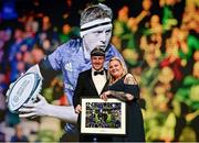 28 May 2023; James Tracy with Leinster Rugby president Debbie Carty during Leinster Rugby Awards Ball, which took place at The Clayton Hotel Burlington Road in Dublin, was a celebration of the 2022/23 Leinster Rugby season. Photo by Harry Murphy/Sportsfile