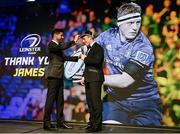 28 May 2023; James Tracy with MC Craig Doyle during Leinster Rugby Awards Ball, which took place at The Clayton Hotel Burlington Road in Dublin, was a celebration of the 2022/23 Leinster Rugby season. Photo by Harry Murphy/Sportsfile