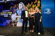 28 May 2023; Aoife Dalton is presented the BearingPoint Women's Young Player of the Year award by Eric Conway of BearingPoint and Leinster Rugby president Debbie Carty during Leinster Rugby Awards Ball, which took place at The Clayton Hotel Burlington Road in Dublin, was a celebration of the 2022/23 Leinster Rugby season. Photo by Harry Murphy/Sportsfile