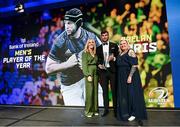 28 May 2023; Caelan Doris is presented the Bank of Ireland Men's Player of the Year award by Laura Lynch of Bank of Ireland and Leinster Rugby president Debbie Carty during Leinster Rugby Awards Ball, which took place at The Clayton Hotel Burlington Road in Dublin, was a celebration of the 2022/23 Leinster Rugby season. Photo by Harry Murphy/Sportsfile