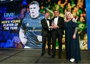 28 May 2023; Scott Penny is presented the Laya Healthcare Men's Young Player of the Year award by D.O. O'Connor of Laya Healthcare and Leinster Rugby president Debbie Carty during Leinster Rugby Awards Ball, which took place at The Clayton Hotel Burlington Road in Dublin, was a celebration of the 2022/23 Leinster Rugby season. Photo by Harry Murphy/Sportsfile