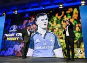 28 May 2023; Jonathan Sexton and MC Craig Doyle during Leinster Rugby Awards Ball, which took place at The Clayton Hotel Burlington Road in Dublin, was a celebration of the 2022/23 Leinster Rugby season. Photo by Harry Murphy/Sportsfile