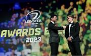28 May 2023; Garry Ringrose speaks to MC Craig Doyle during Leinster Rugby Awards Ball, which took place at The Clayton Hotel Burlington Road in Dublin, was a celebration of the 2022/23 Leinster Rugby season. Photo by Harry Murphy/Sportsfile