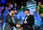 28 May 2023; James Tracy with MC Craig Doyle during Leinster Rugby Awards Ball, which took place at The Clayton Hotel Burlington Road in Dublin, was a celebration of the 2022/23 Leinster Rugby season. Photo by Harry Murphy/Sportsfile