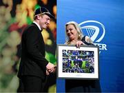 28 May 2023; James Tracy and Leinster Rugby president Debbie Carty during Leinster Rugby Awards Ball, which took place at The Clayton Hotel Burlington Road in Dublin, was a celebration of the 2022/23 Leinster Rugby season. Photo by Harry Murphy/Sportsfile